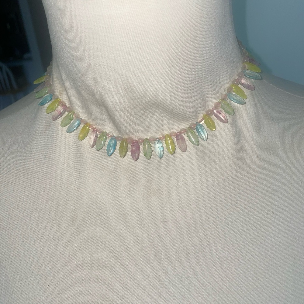 Rose Quartz Necklace with  Leaf Pendants Pastel Colors 
Handmade USA